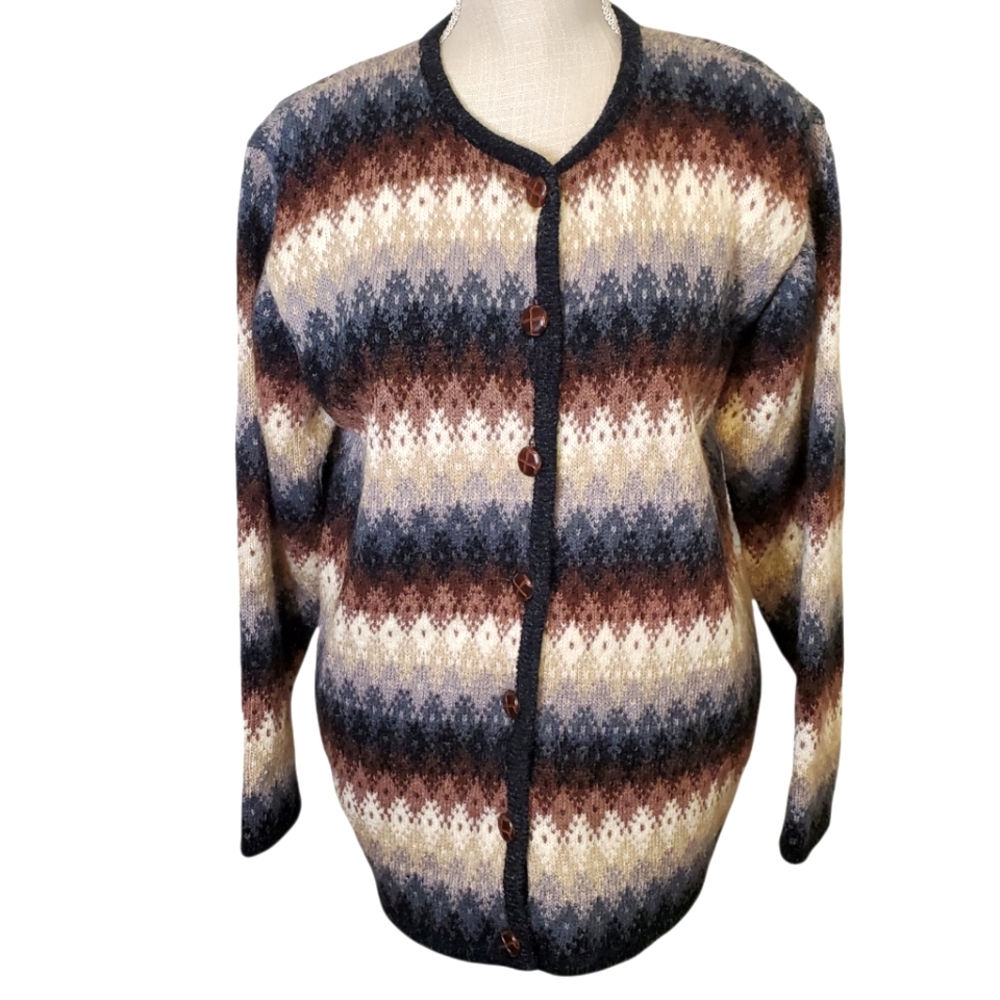 LISE J. | Women's vintage earth-toned argyle knit cardigan sweater. Size small.